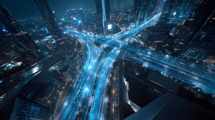 Dynamic cityscape at night showcases trails of blue light weaving through towering structures and bustling streets, capturing the energy