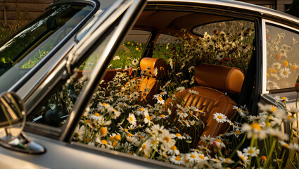 Inside view of floral-decorated classic car