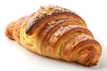 Golden brown, flaky croissant perfection with almond slivers and powdered sugar delight