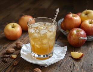glass of apple drink and apple fruit on a table