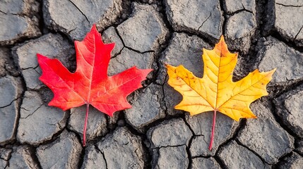 Two autumn leaves rest on cracked earth.