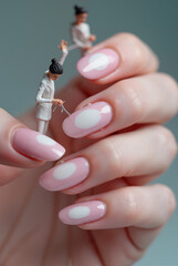 Mini workers climbing polished fingernails