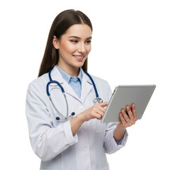 Smiling young female doctor wearing a white lab coat and stethoscope holding and using a digital tablet isolated on transparent background