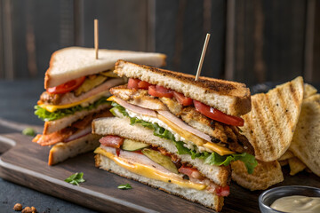 Delicious club sandwiches stacked high on wooden board ready to be enjoyed for lunch or dinner