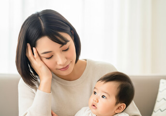 乳児を膝に置いて疲れた様子を見せる母親