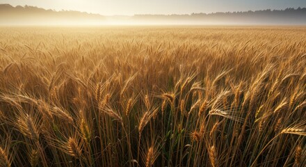 Golden Wheat Field at Sunrise with Misty Horizon