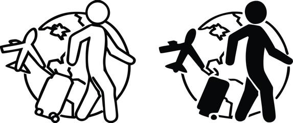 Traveling icons. Black and White Vector Icons. Tourist with Suitcase, Globe, and Flying Airplane
