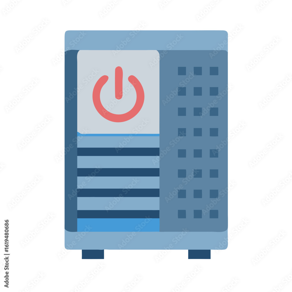 Poster stylized desktop computer tower with power button icon graphic