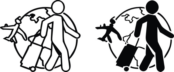 Traveling icons. Black and White Vector Icons. Tourist with Suitcase, Globe, and Flying Airplane
