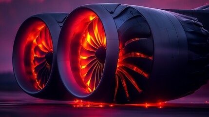 Close-up view of illuminated airplane jet engines.