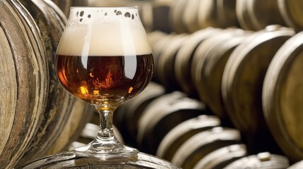 Amber beer in glass, surrounded by wooden barrels.