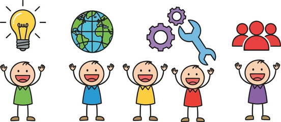 Teamwork global solutions idea lightbulb people gears cooperation work