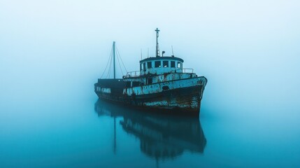 Naklejka premium An aged, weathered ship, seemingly abandoned, rests in a placid, misty sea. Fog envelops the vessel, creating an atmospheric and serene ambiance. 