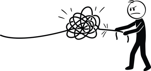 Stick figure pulling tangled knot rope problem solving frustration