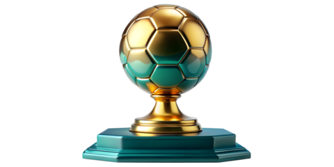 Golden Soccer Ball Trophy with Teal Base on Transparent Background on white background