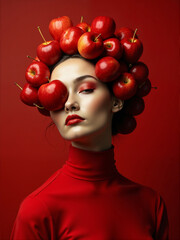 Woman in red with apple headpiece