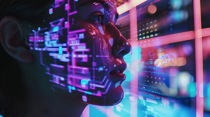 Futuristic woman immersed in vibrant digital data streams and glowing neon interfaces