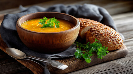 Lentil and Carrot Soup in a Wooden Bowl with Bread