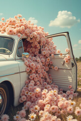 Car door open with flowers pouring out