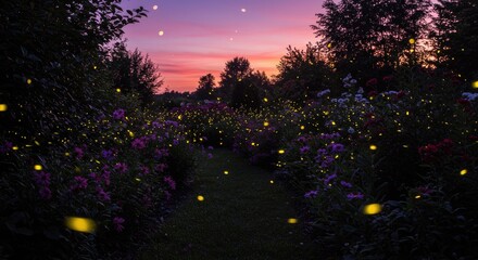 Firefly display in a garden at dusk.