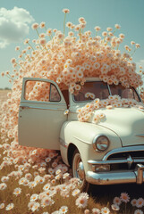 White vintage car with daisy explosion