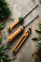 Sustainable Bamboo Hedge Trimmers: Eco-Friendly Gardening Tools, Modern Design, Flatlay Photography