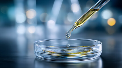 Retinol serum drops in petri dish under soft lab lighting