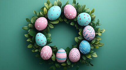 Colorful painted easter eggs arranged in a wreath.