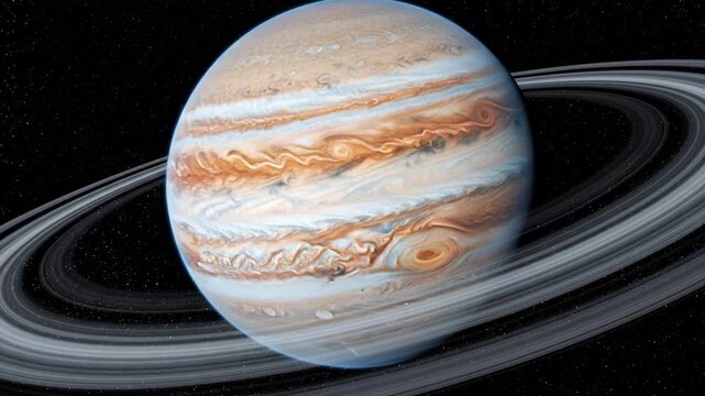 A large gas giant planet with rings, similar to Jupiter and Saturn, in deep space