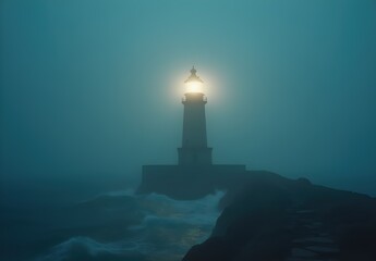 Fototapeta premium Lighthouse in Fog with Ocean Waves