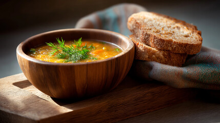 Lentil and carrot soup in a wooden bowl with fresh bread