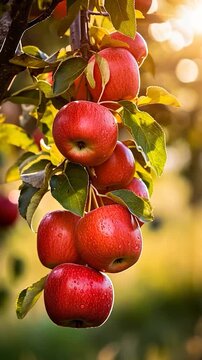Red Apples Hanging from Tree Branch in Sunlit Orchard
