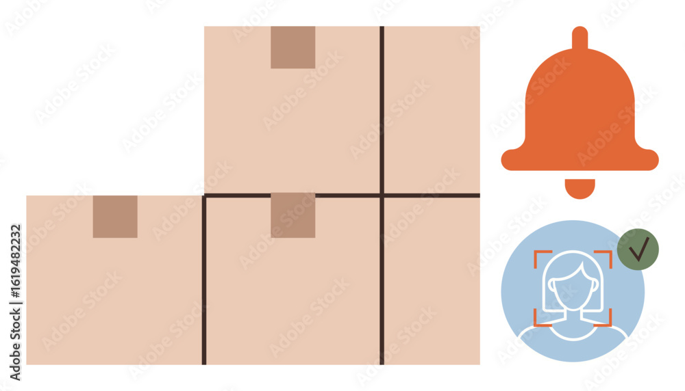 Poster cardboard boxes in storage setting with notification bell and facial recognition profile. ideal for 