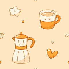 A set of kawaii seamless pattern for a coffee-themed drawn in pastel colors. Includes geyser coffeemaker, jam and stars.