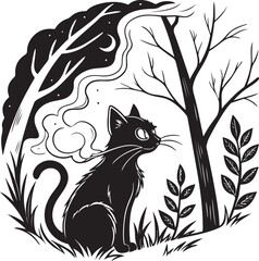 Mystical Black Cat in Witchy Forest under Moonlight – Gothic Halloween Vector Illustration