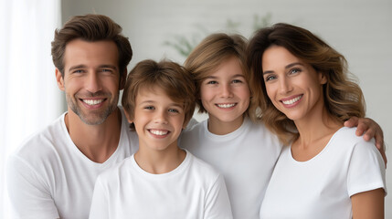 A joyful family moment in white t-shirts together