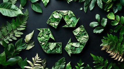 Recycled symbol design made from green leaves on a dark background.