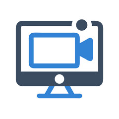 Computer with video camera symbol for online communication or stream