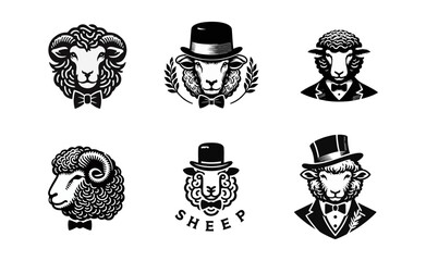black and white illustrations of sheep and rams wearing bow ties, some with formal wear, in circular or portrait compositions.