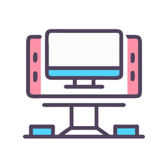 Stylized computer workstation setup with desk in flat design