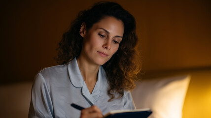 Naklejka premium Woman writing journal in bed, relaxed expression, night, curly hair, silk pajamas, soft lighting, peaceful mood