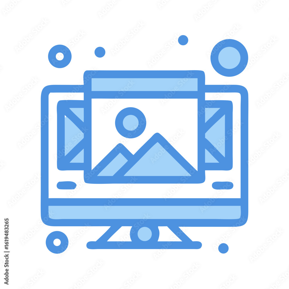 Poster blue computer screen with image editing in flat style