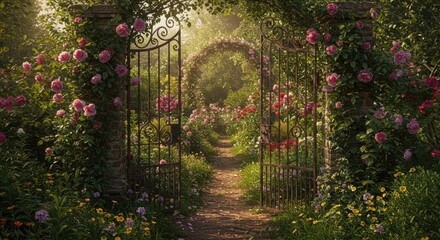 Open wrought iron gates lead to a vibrant rose garden.