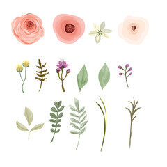 Watercolor Rose and Greenery Elements &ndash; Handpainted Floral Clipart with Leaves for Wedding & Card Design

