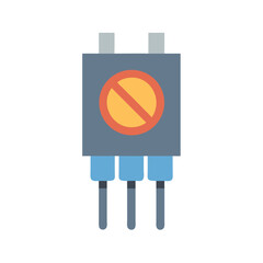 Electronic component with prohibition sign, flat design illustration