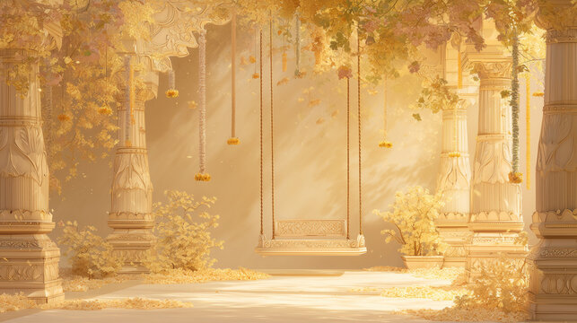 Krishna Janmashtami post-celebration banner, soft morning light over temple courtyard with empty jhula (swing) and fading flower decorations, calm and peaceful