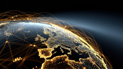 Earth map illuminated networks, Europe detailed, black background. Data, technology