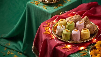 Fototapeta premium Festive Kulfi Dessert Table Colorful Indian desserts on festive table