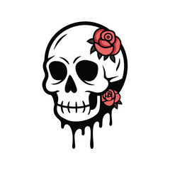 Horror themed skull melting with bleeding roses in scary engraved tattoo vector style  
