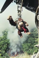 Dramatic Donkey Kong Helicopter Rescue Over Fiery Jungle Landscape Scenery
